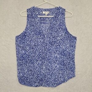 Kenar Women's Abstract Print Sleeveless Blouse Size Large Blue/White‎ V-Neck Top